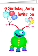 Birthday Party Invitation, Friendly Monster.Balloons,Humor. card