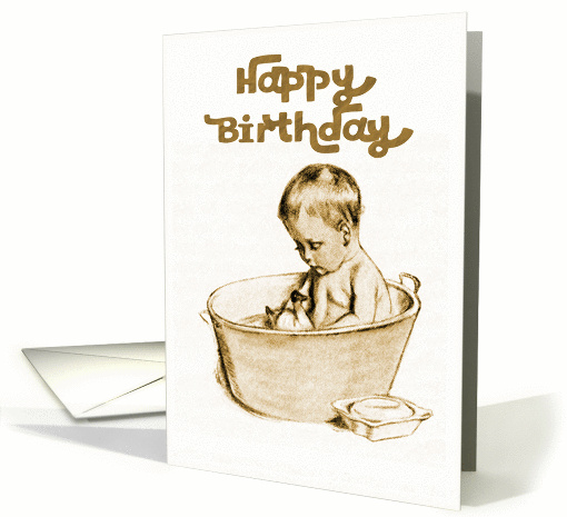 Happy Birthday, little child and ducky in bathtub, Vintage. card