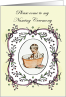 Invitation to Naming Ceremony.for girl, vintage.drawing baby in tub. card