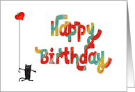 Happy birthday, crazy cat and love-heart.blank card