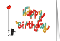 Happy birthday, crazy cat and love-heart. for mom, mother card