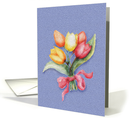 Watercolor, red, yellow, orange, Tulips, pink ribbon,blank card. card