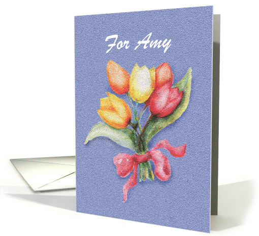 Watercolor, red, yellow, orange, Tulips, pink ribbon,custom card. card