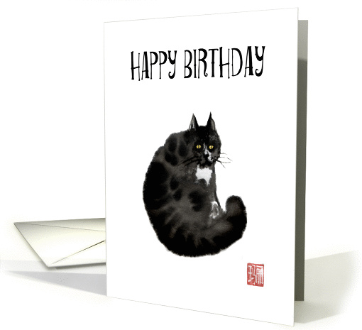 Black cat ink painting Happy Birthday card (1401806)
