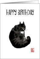 Black cat ink painting Happy Birthday card