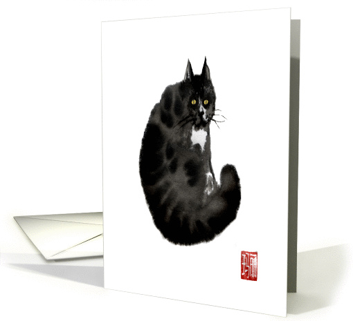 Black ink painting of cat in Chinese style. card (1402400)