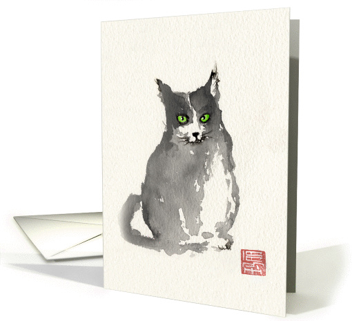 black cat, with green eyes, chinese style. Blank note card (1402650)