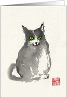 black cat, with green eyes, chinese style. Blank note card