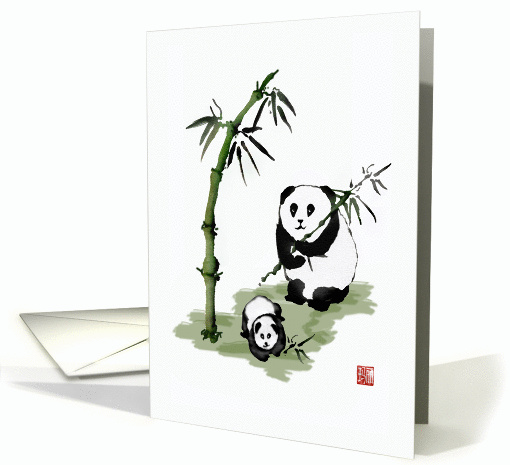 Panda bear with baby, eating bamboo. Blank note card. card (1402794)