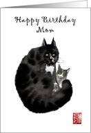 Black ink painting of Cat and Kitten, Happy Birthday Mom Chinese style card