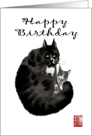 Black ink painting Cat and Kitten, Happy Birthday card