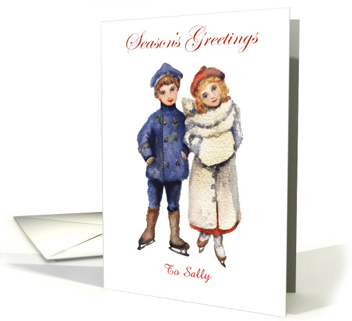 Merry Christmas, custom card, vintage skaters.watercolor. card