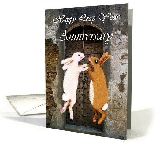 Happy Leap Year Anniversary, two bunnies jumping. card (1418792)