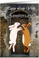 Happy Leap Year Anniversary, two bunnies jumping. card