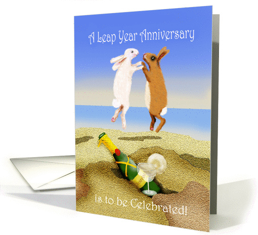 Leap year Anniversary, cartoon of two bunnies jumping.champagne. card