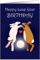 Leap Year Birthday, two rabbits over the moon. card