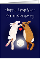 Leap Year Anniversary,two rabbits over the moon. card