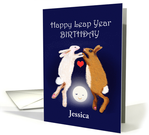 Happy Leap Year Birthday,two rabbits over the moon.custom card
