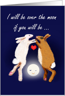 Birthing partner request, two rabbits over the moon. card