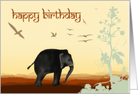 Happy Birthday, elephant and birds. card