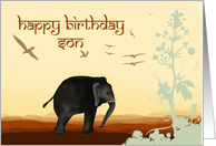 Happy Birthday, for son, elephant and birds.custom card. card