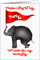 Birthday Party invitation, elephant and red pennant. card