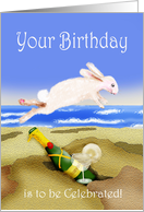 Birthday celebrations, champagne and jumping rabbit. card