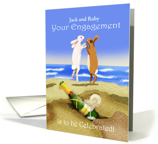 Engagement congratulations, champagne and jumping rabbits,custom. card