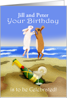 Birthday Congratulations, for twins,champagne and rabbits,Custom card