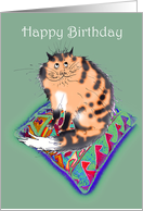 Happy Birthday cat, sitting on an oriental cushion card