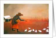 Old woman feeding the hens, oil painting card