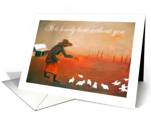 It is lonely without you, old lady and chickens, oil painting card