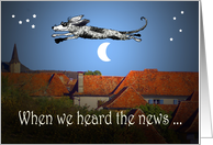 New Baby congratulations, spotty dog over the moon, humor card