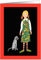 Little girl in insect dress, with dog . card