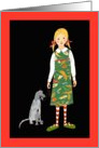 Little girl in insect dress, with dog . card