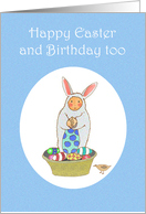 Happy Birthday, and Easter too.Boy in bunny suit with eggs, for boy. card