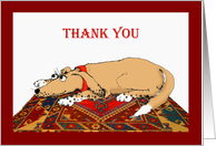 thank you, brown dog on oriental mat. card