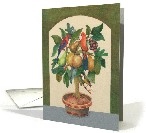 Get well soon,velvet painting of tree, parrots, fruit, and birds card