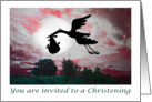 Flying stork , baby , clouds,moon,Invitation to Christening card