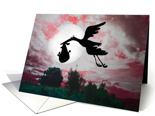 Flying stork , baby , clouds, moon, Invitation to naming ceremony card