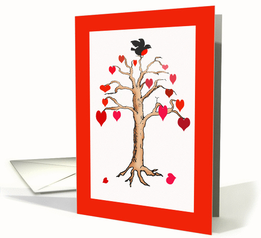 Love hearts tree and bird. red heart leaves. card (817251)
