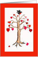 Love hearts tree and bird. red heart leaves. card
