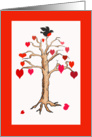 Love hearts tree and bird. red heart leaves. card