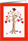 Love tree and bird. red heart leaves.Happy Birthday card