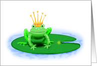 green frog with crown on lily pad. card