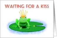 Green Frog with Crown on Lily Pad Waiting for a Kiss card