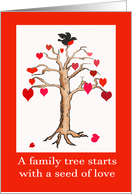 Family tree starts with a seed of love, heart tree and bird card