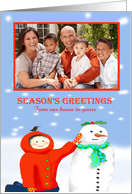 Season’s Greetings, snowman and child, photo card