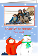 Season’s Greetings,from all of us,Child and snowman, photo frame. card