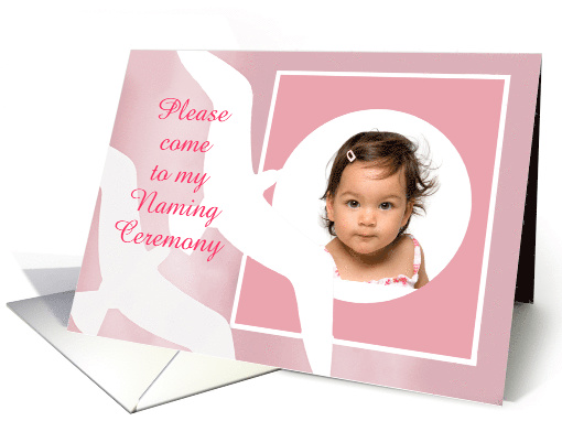 Invitation to naming ceremony, white birds, pink, photo frame card